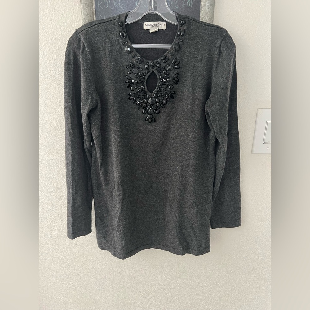 Charcoal grey sweater with Black Embellished neckline